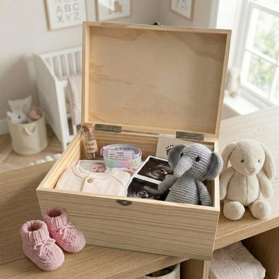Roze slinger baby herinneringsdoos | Dierbare herinneringen voor pasgeborenen | Grenen met metalen scharnieren en sluiting | B26cm x D18,9cm x H15,5cm — afbeelding 4