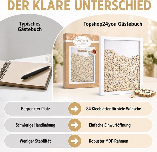 Gastenboek voor bruiloft, in fotolijst met 72 houten hartjes om te beschrijven, bruiloftsgastenboek, MDF houten lijst, wit, 43 x 31 cm, klaverbladen — afbeelding 4