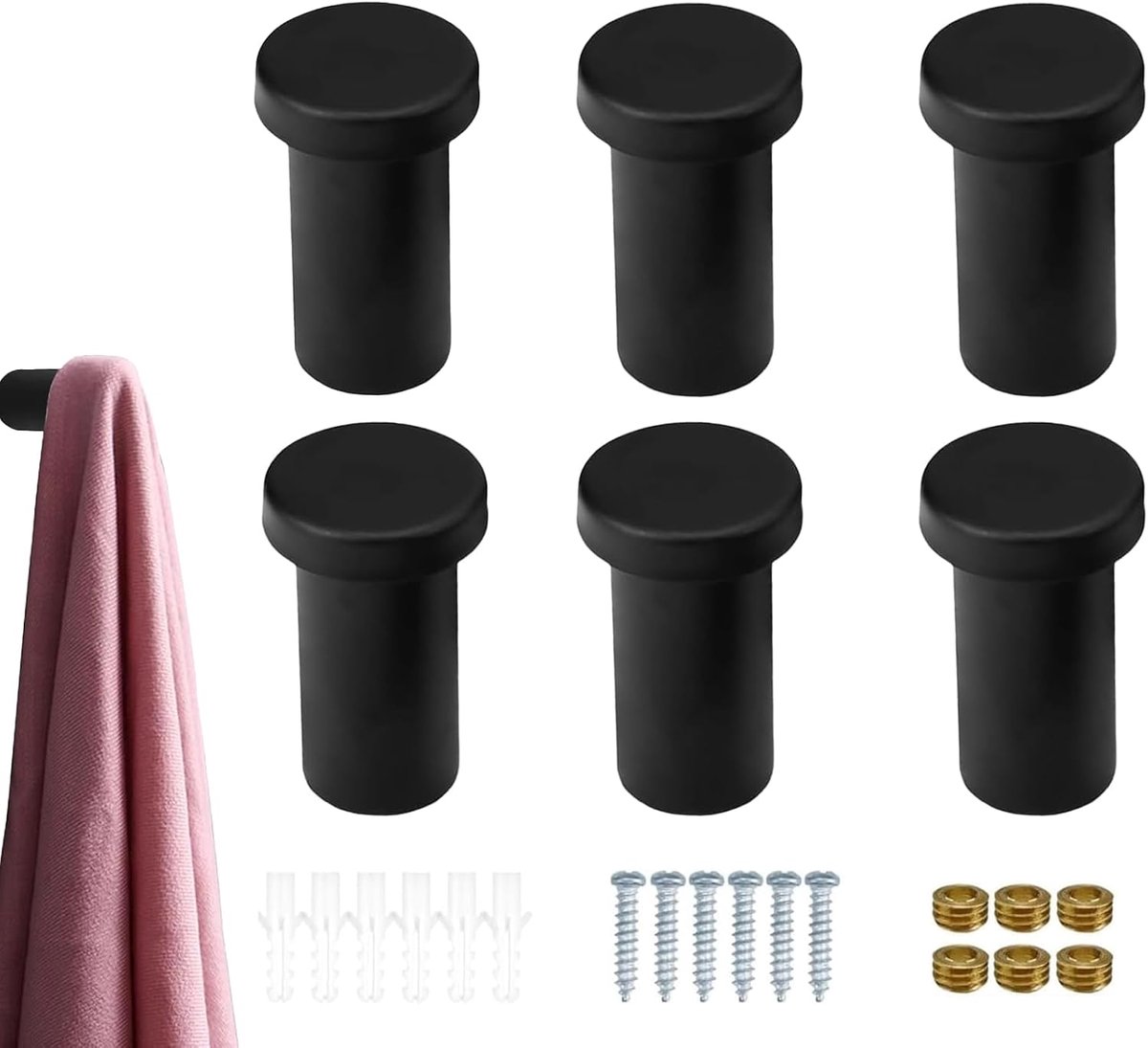 Zwart, 6 stuks handdoekhaken om te boren, zwarte haken, matzwart, wandhaken om te boren, 36 mm, zwart, voor keuken en badkamer