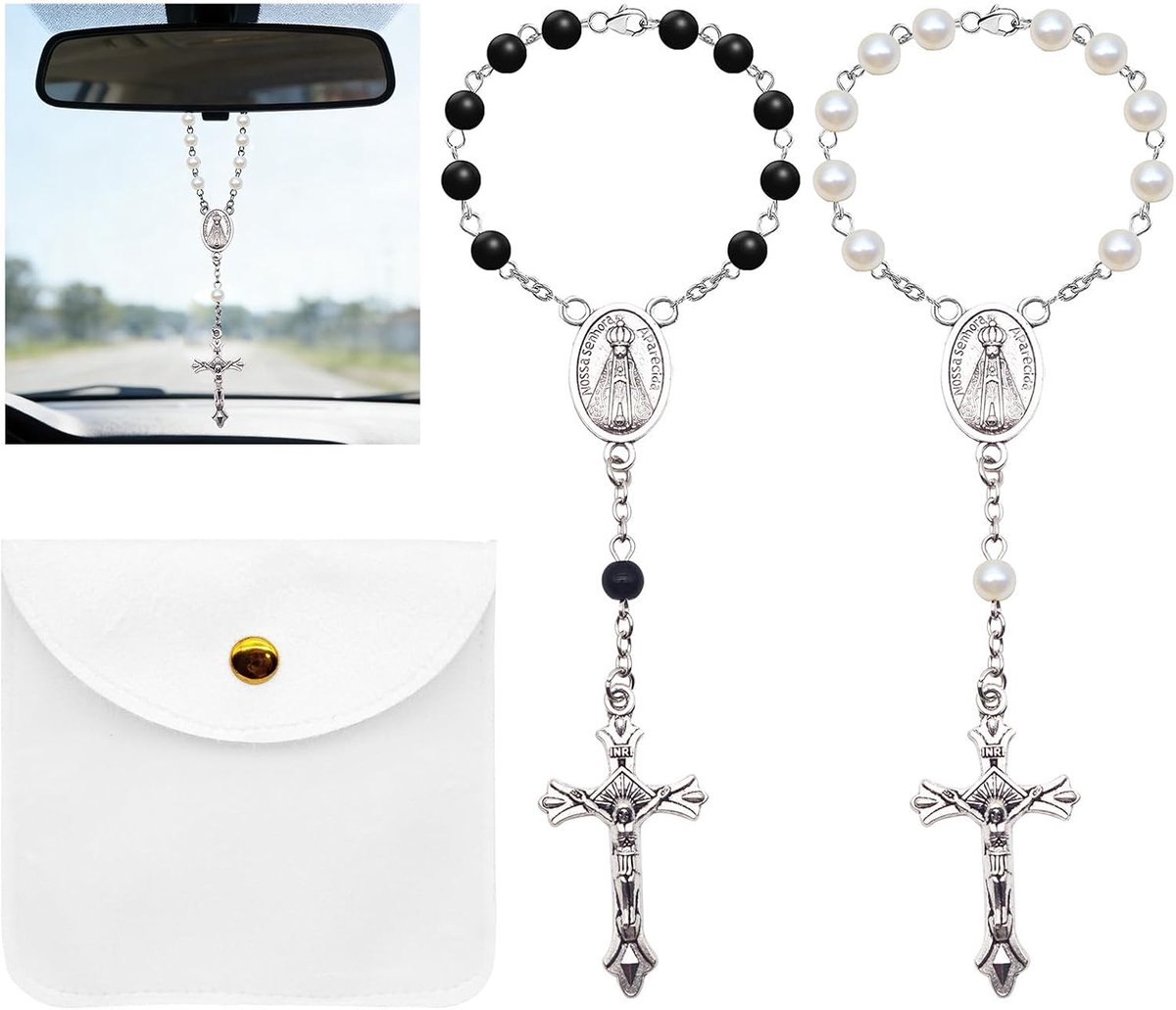 2-delige set Christopherus-motief autospiegel hangers met rozenkrans & kruis, auto-interieuraccessoire, spiegelhanger voor auto met fluwelen geschenkzak, cadeau-idee