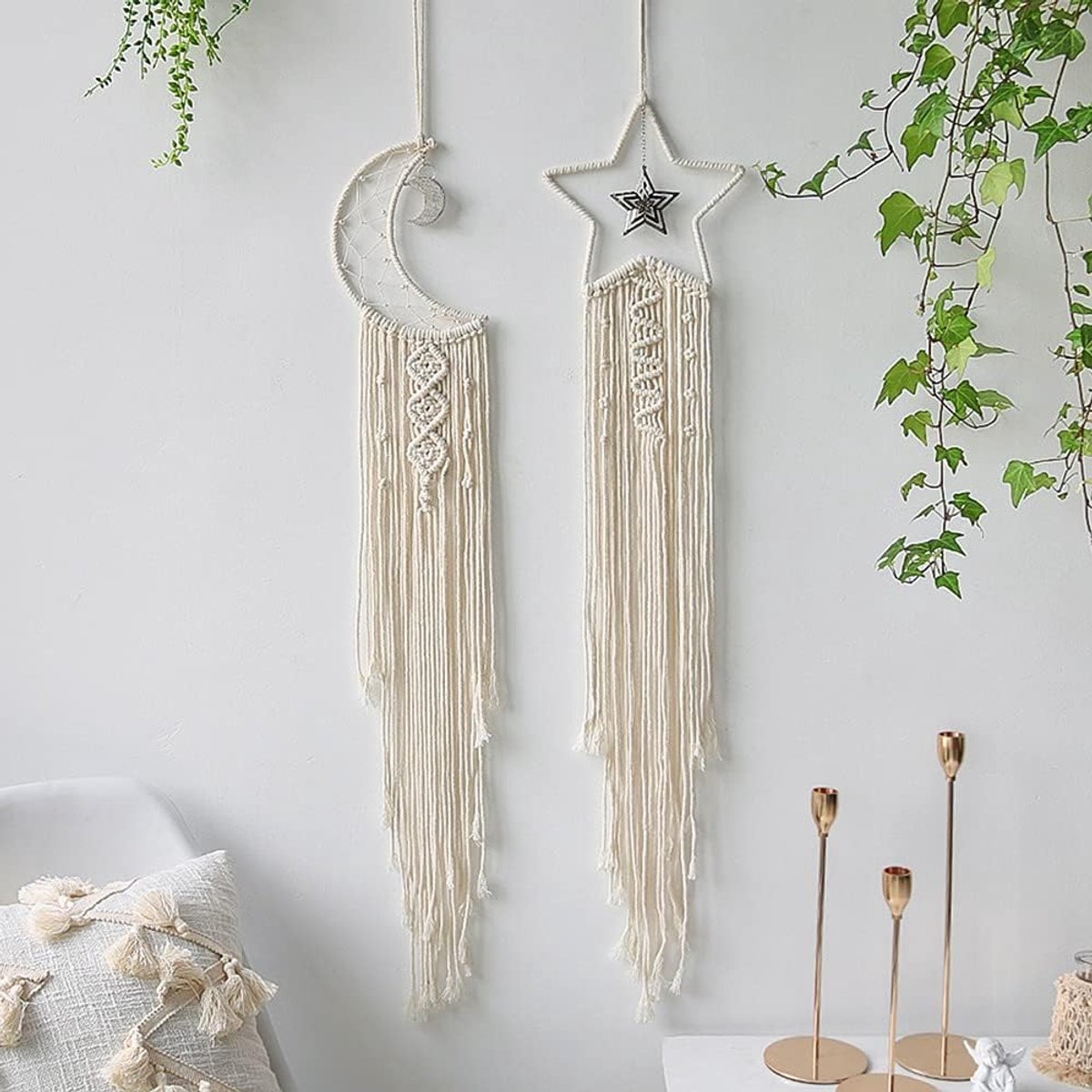 2 stuks macramé muur opknoping Boheemse maan dromenvangers, handgemaakt wandtapijt meisje boho dromenvanger met kwastjes woondecoratie voor slaapkamer bruiloft feest ornamenten