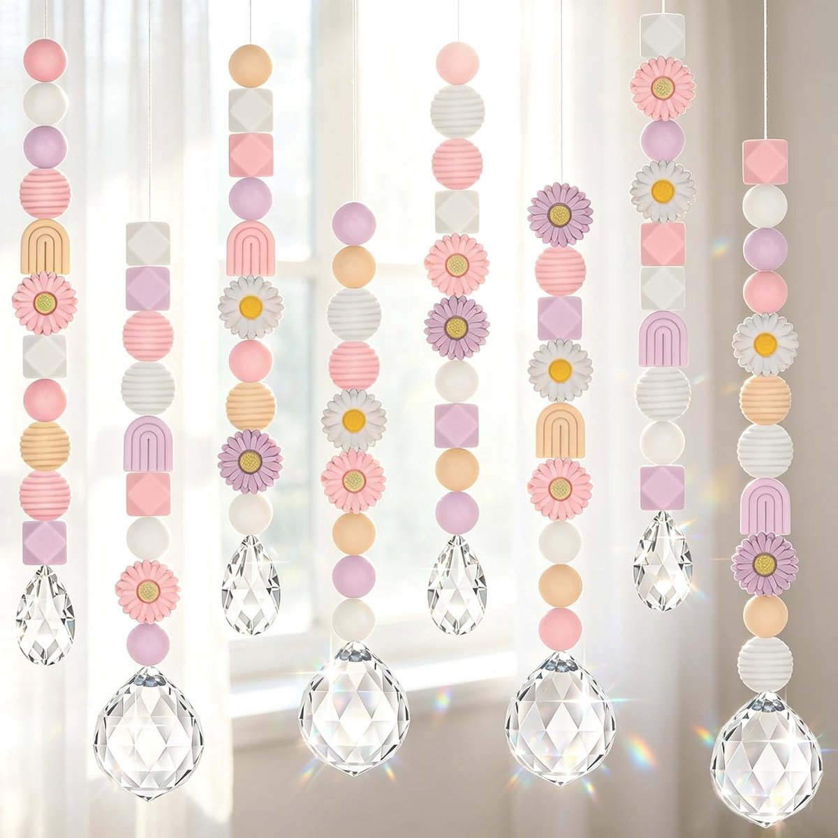 Zonnevanger kristal, 8 stuks kristallen windspel, doe-het-zelf kristallen hanger, zonnevanger, knutselset, suncatcher voor raam, huis, tuin, windspel (roze)