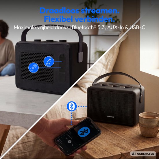 MEDION BXO-1 Bluetooth-luidspreker – Krachtig geluid in een hoogwaardig retro-ontwerp, tot 15 uur batterijduur, Bluetooth 5.3, IPX4, USB-C, zwart | Kraftvoller Sound im hochwertigen Retro-Design, Blue — afbeelding 4