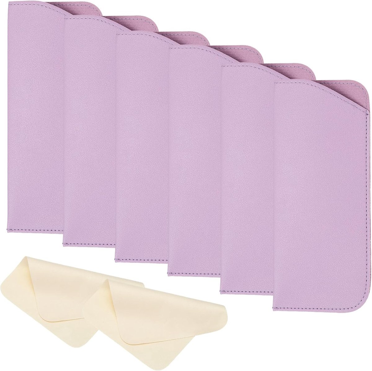 Draagbare leren brillenkoker met 2 reinigingsdoekjes voor zonnebrillen en brillen, lichtpaars, 3 x 6,9 cm
