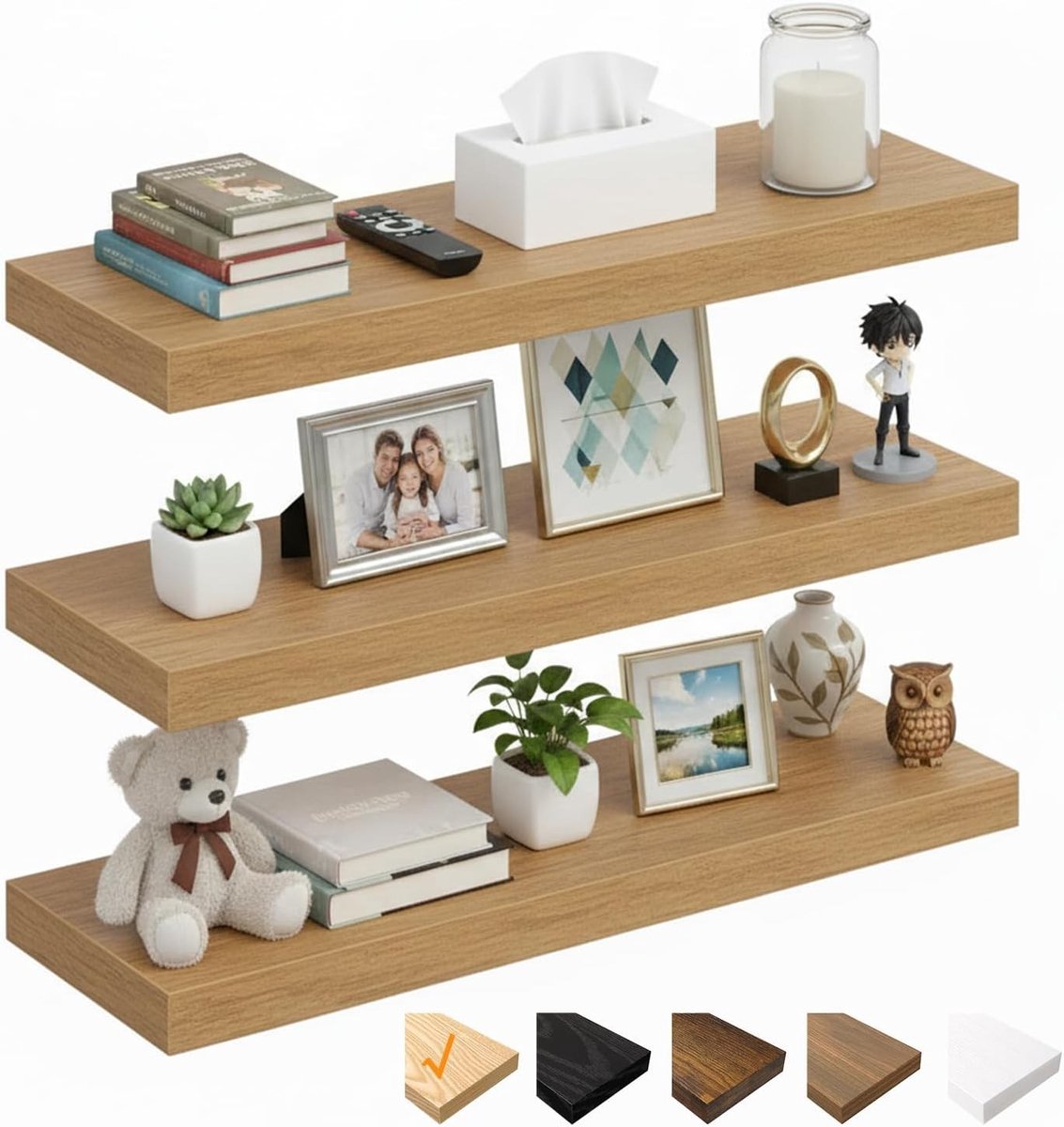60 cm Wandplanken van Eikenhout met Onzichtbare Beugels, Set van 3 - Ideaal voor Badkamer, Slaapkamer en Woonkamer, MDF Planken voor Decoratie en Opslag