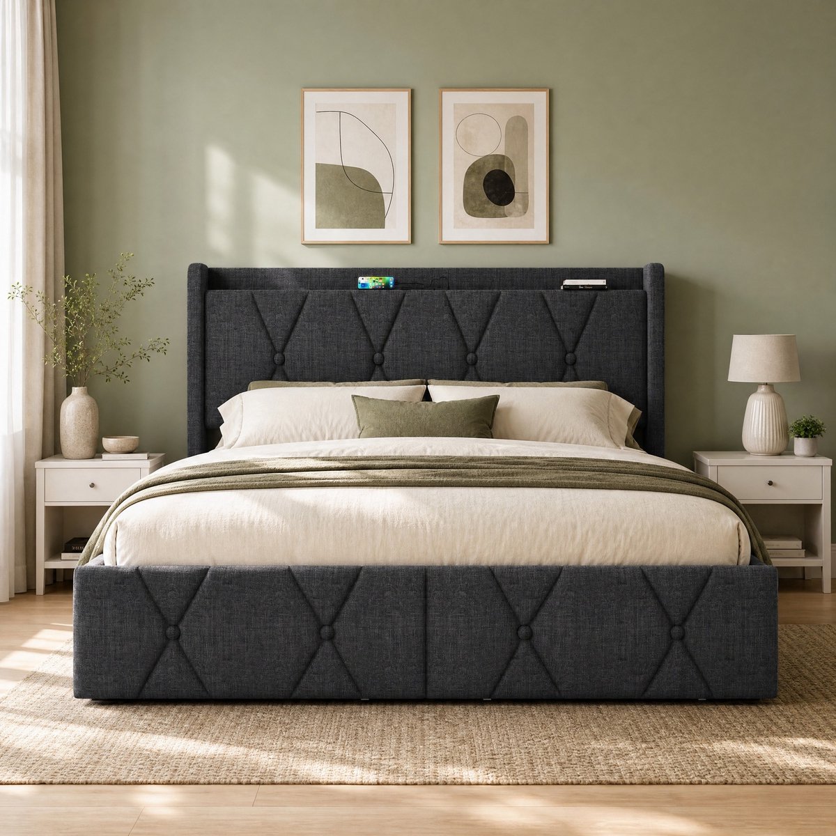 WUVRIE Tweepersoonsbed 140x200 cm met 4 lades, USB en stopcontacten, grijze stoffen bekleding Grijs