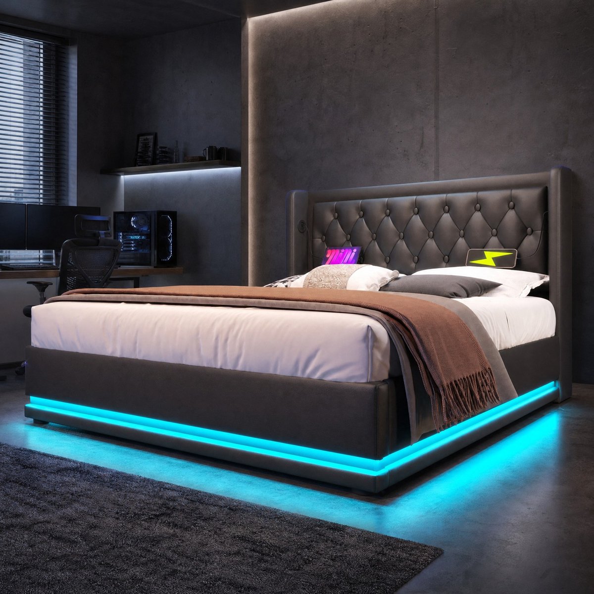 WUVRIE Opbergbed 140x200 cm met hydraulische lift, USB-C, 3-zijdige LED en kunstleer, zwart