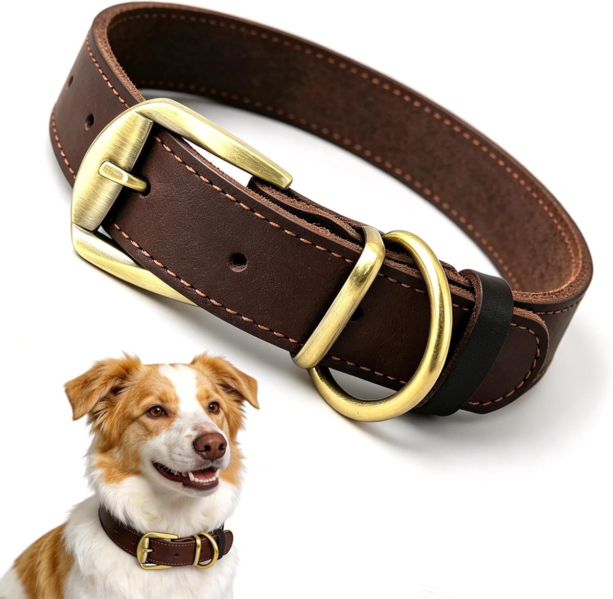 SnelShoppen - Hondenhalsband van Robuust Leer - Verstelbare Leren Halsband voor Kleine, Middelgrote en Grote Honden - Duurzaam en Sterk - L