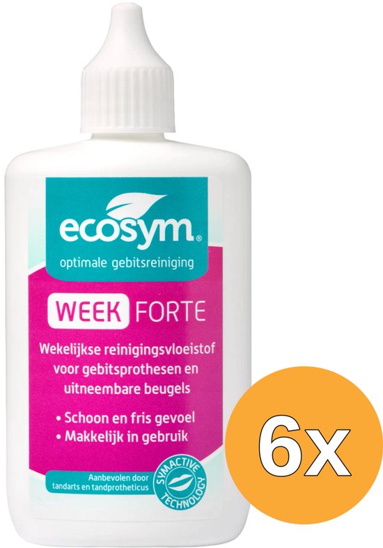 Witte fles Ecosym Week Forte reinigingsvloeistof voor gebitsprothesen, 6x 100 ml.