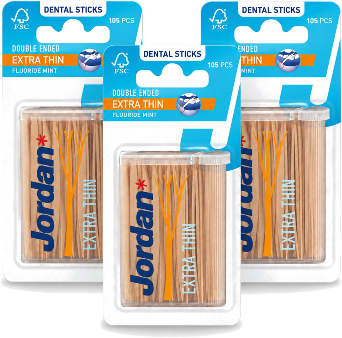 3 x Jordan - Dental Sticks - Extra dunne tandenstokers - 105 Stokers - Bulkverpakking - 3 stuks