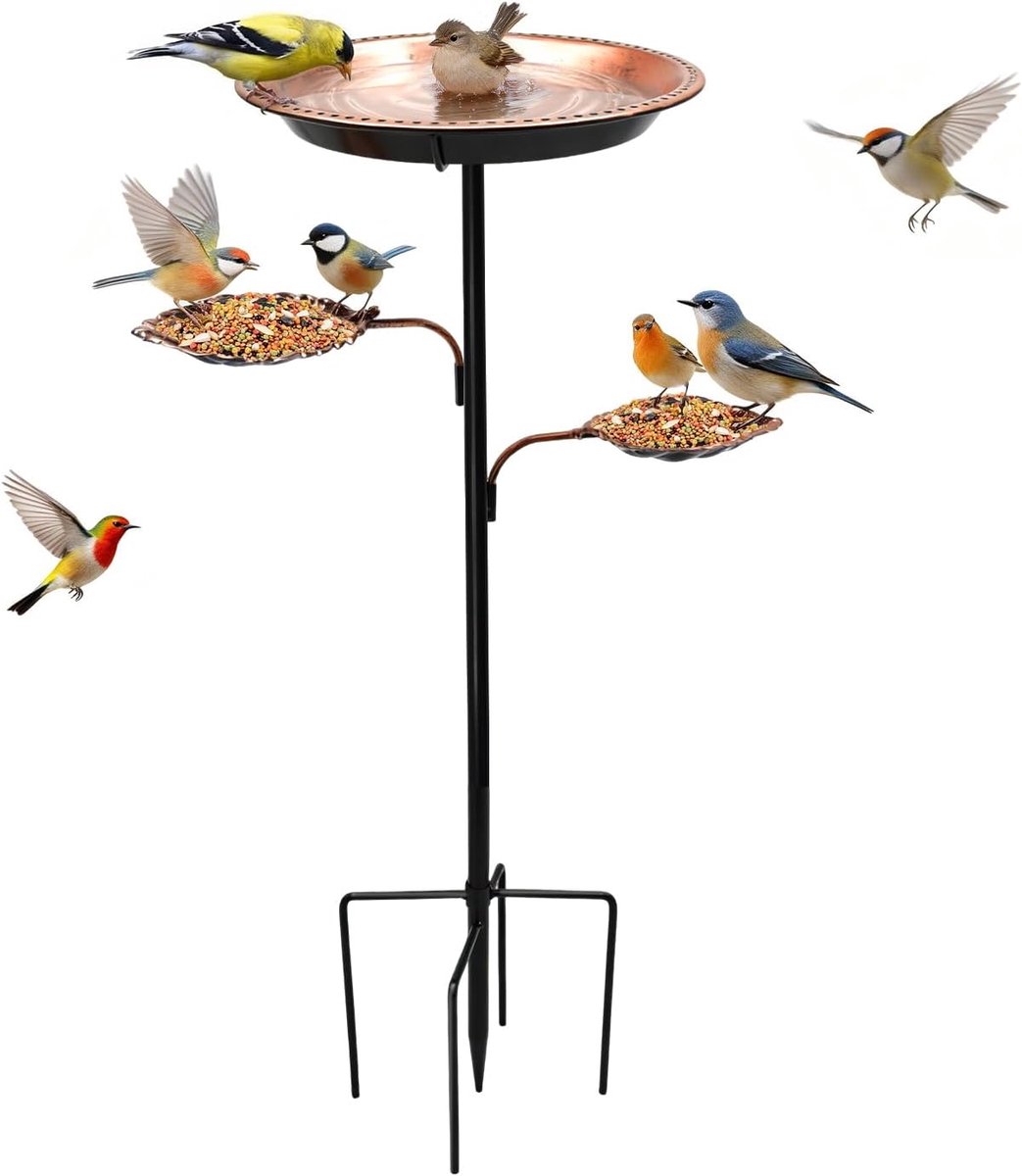 SnelShoppen - 93cm Vogelbad en Voederstation 2-in-1 - Multifunctionele Tuin Decoratie - Metalen Waterbak en Vogelvoederbak - Winterbestendig - 5-Punts