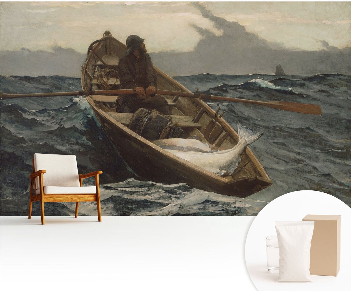 Wallfluent Fotobehang - Grijs Vliesbehang - 416x254 cm - Visser Op Zee Muurschildering - Slaapkamer behang Landschappen - Fotobehang Vlies - Gang behang