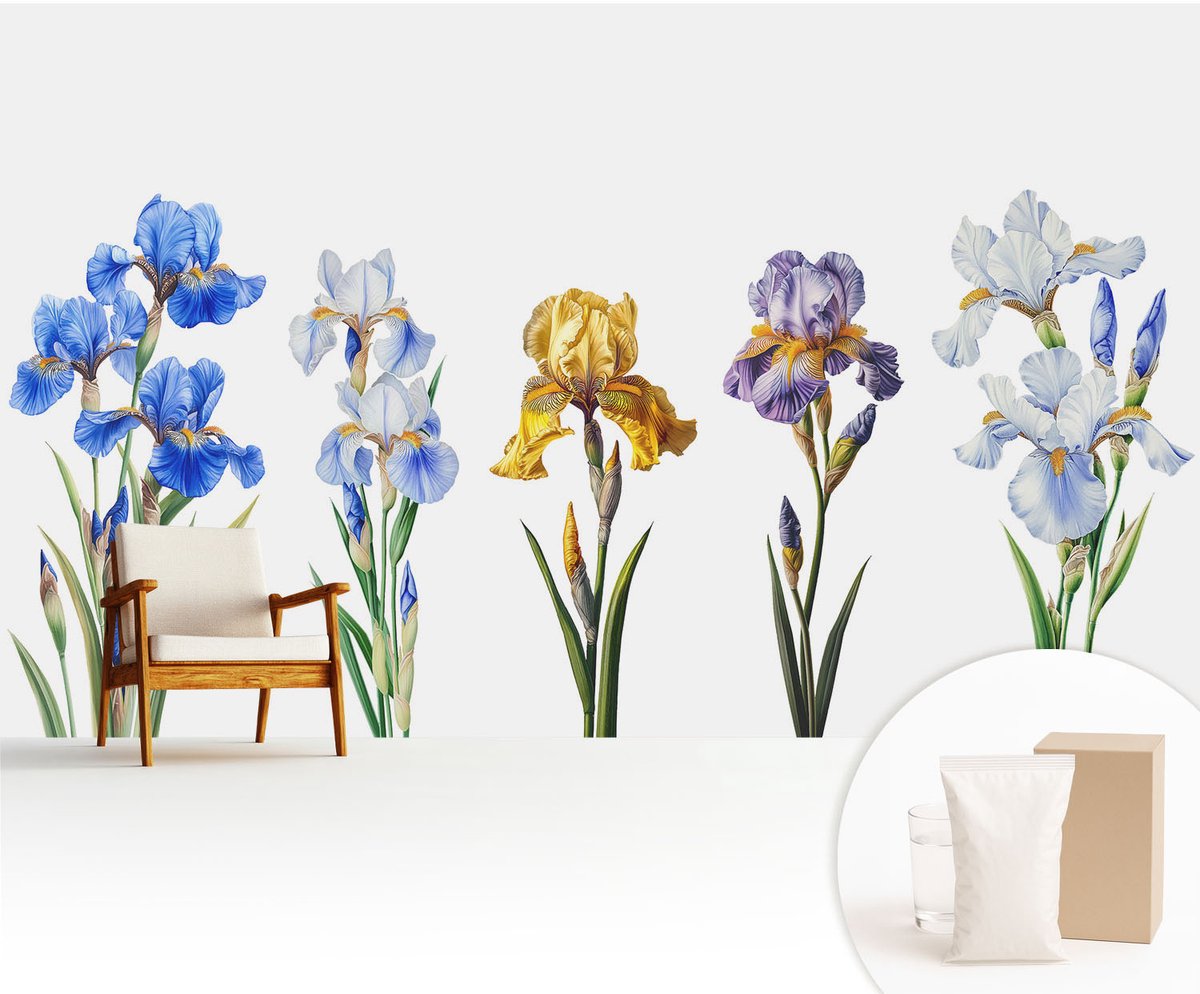Wallfluent Fotobehang - Blauw Vliesbehang - 416x254 cm - Irisbloemen Muurschildering - Gang behang Bloemen En Planten - Fotobehang Vlies - Slaapkamer behang