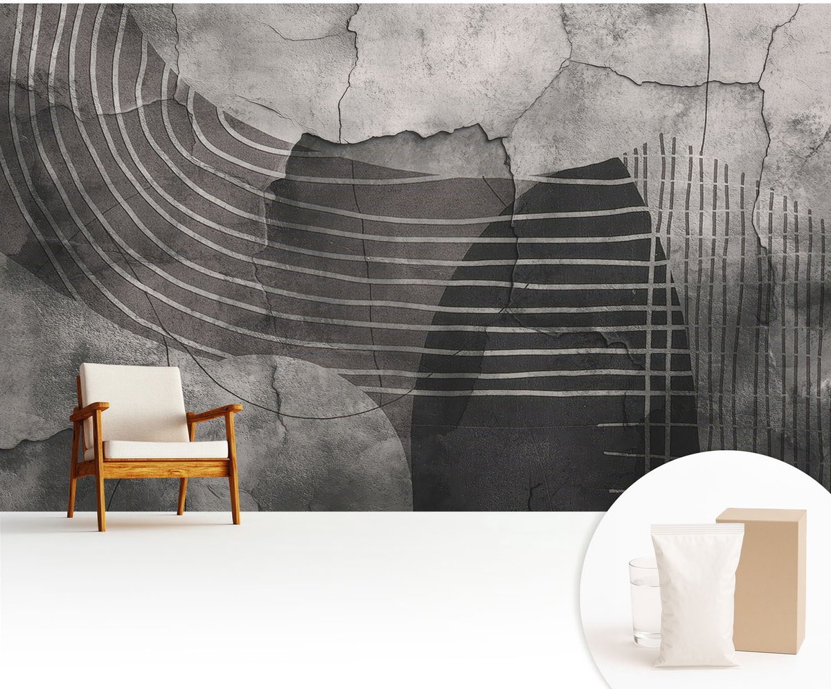 Wallfluent Fotobehang - Grijs Vliesbehang - 416x254 cm - Abstracte Lijnen Fotobehang Vlies - Woonkamer behang Abstractie - Muurschildering - Hal behang