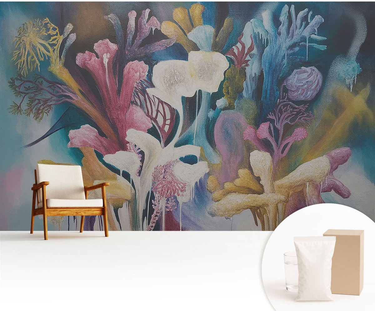 Wallfluent Fotobehang - Blauw Vliesbehang - 416x254 cm - Bloemenexplosie Muurschildering - Gang behang Deel - Fotobehang Vlies - Gang behang