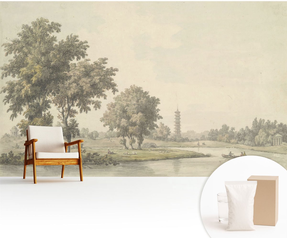 Wallfluent Fotobehang - Grijs Vliesbehang - 416x254 cm - Een Rustig Park Fotobehang Vlies - Gang behang Landschappen - Muurschildering - Woonkamer behang