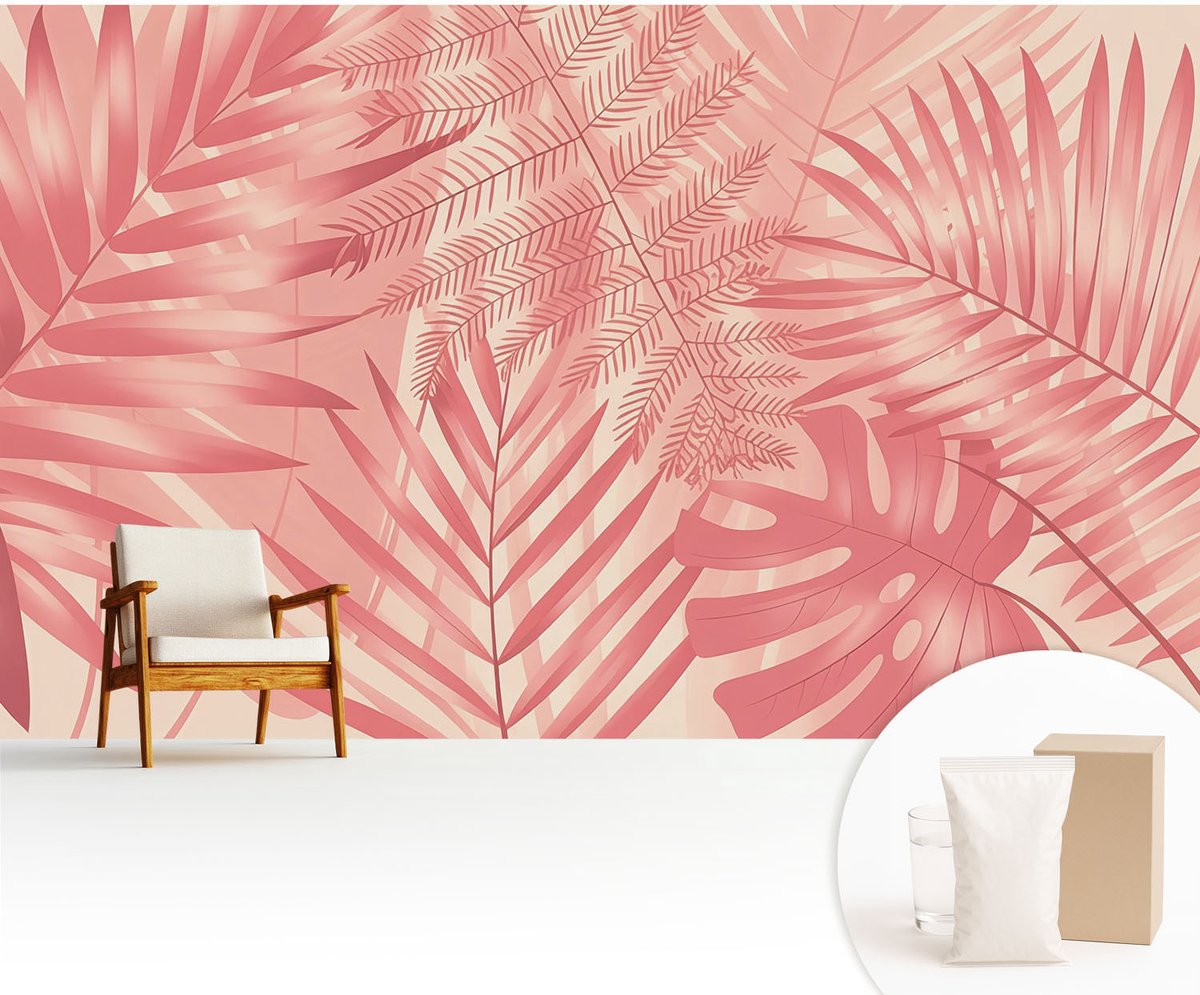 Wallfluent Fotobehang - Roze Vliesbehang - 416x254 cm - Tropische Bladeren Muurschildering - Slaapkamer behang Bloemen En Planten - Fotobehang Vlies - Gang behang