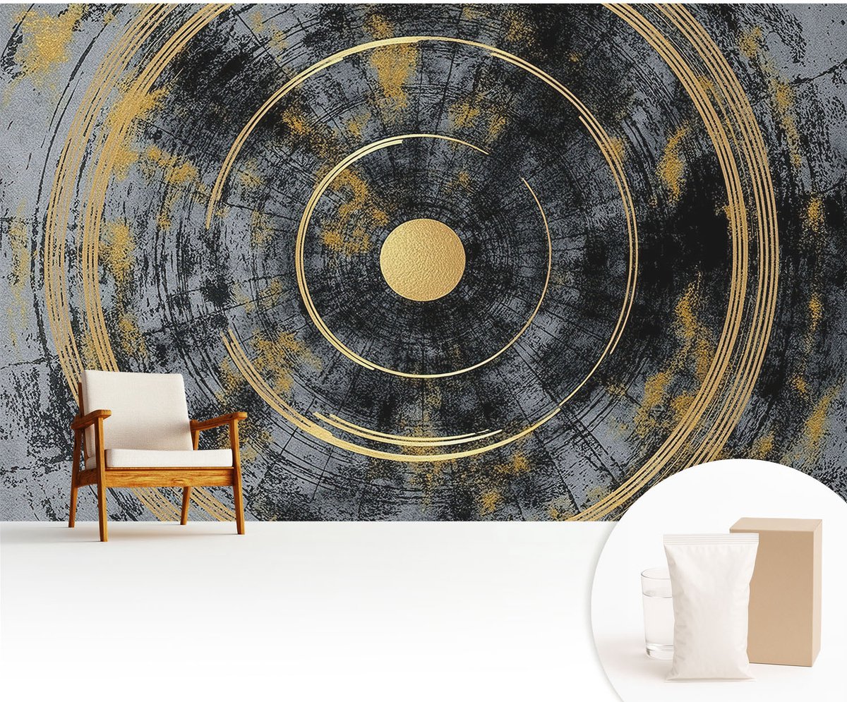 Wallfluent Fotobehang - Zwart Vliesbehang - 416x254 cm - Kosmische Dynamiek Muurschildering - Slaapkamer behang Geometrie - Fotobehang Vlies - Slaapkamer behang
