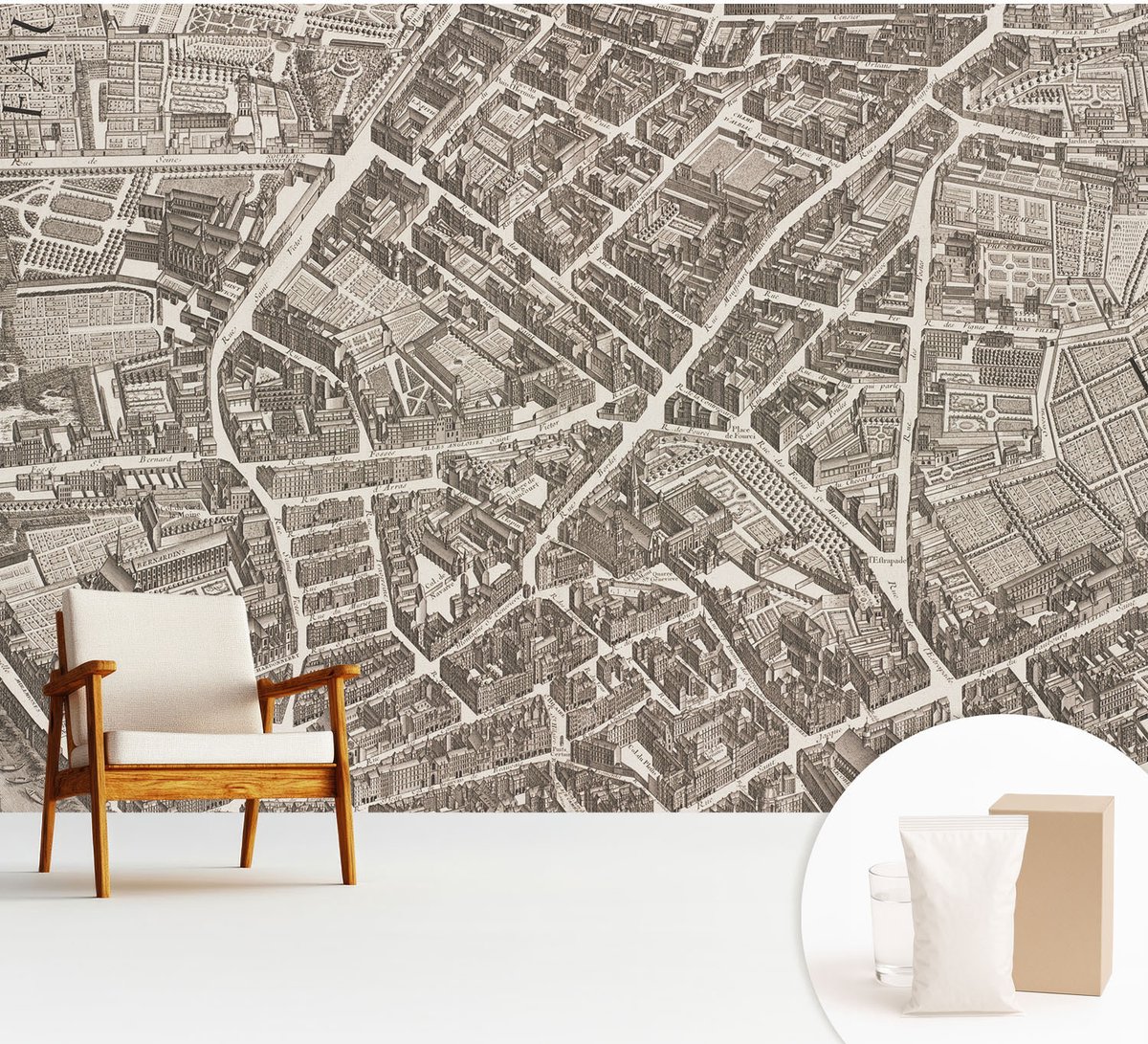 Wallfluent Fotobehang - Bruin Vliesbehang - 312x219 cm - Stedelijk Doolhof Fotobehang Vlies - Woonkamer behang Kaarten - Muurschildering - Woonkamer behang