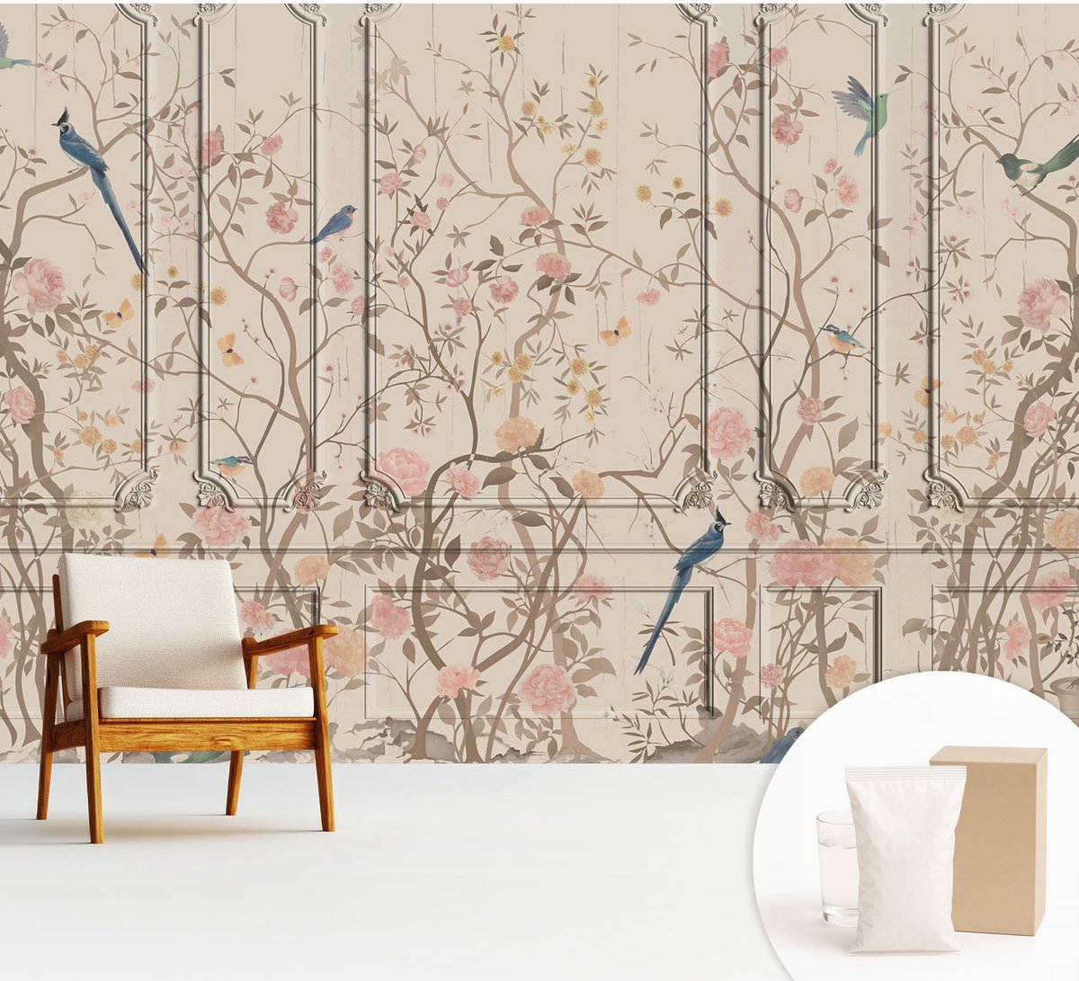 Wallfluent Fotobehang - Wit Vliesbehang - 312x219 cm - Vogels En Bloemen Fotobehang Vlies - Hal behang Bloemen En Planten - Muurschildering - Woonkamer behang