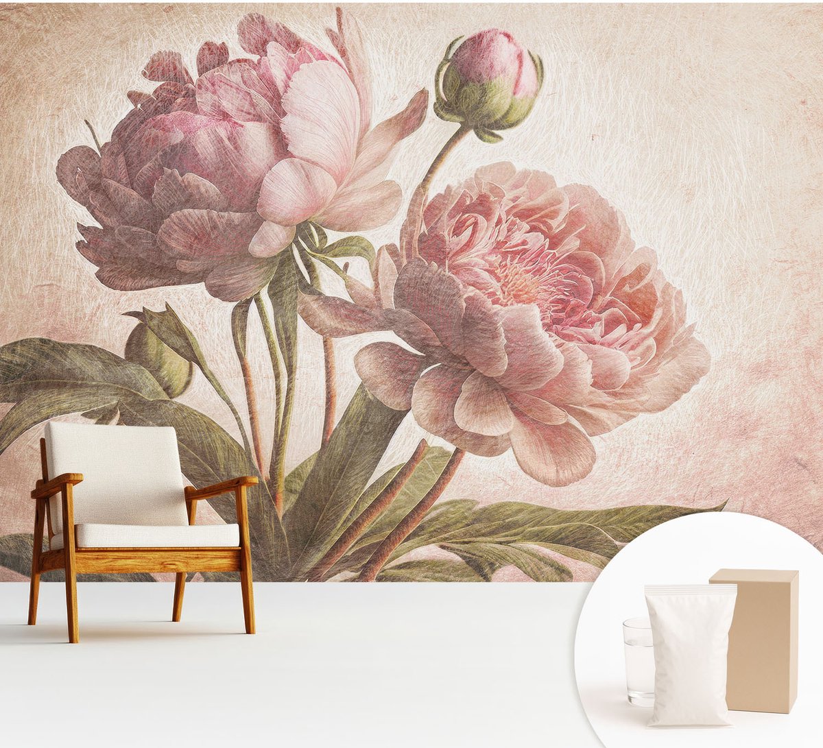 Wallfluent Fotobehang - Roze Vliesbehang - 312x219 cm - Delicate Pioenrozen Fotobehang Vlies - Woonkamer behang Bloemen En Planten - Muurschildering - Woonkamer behang