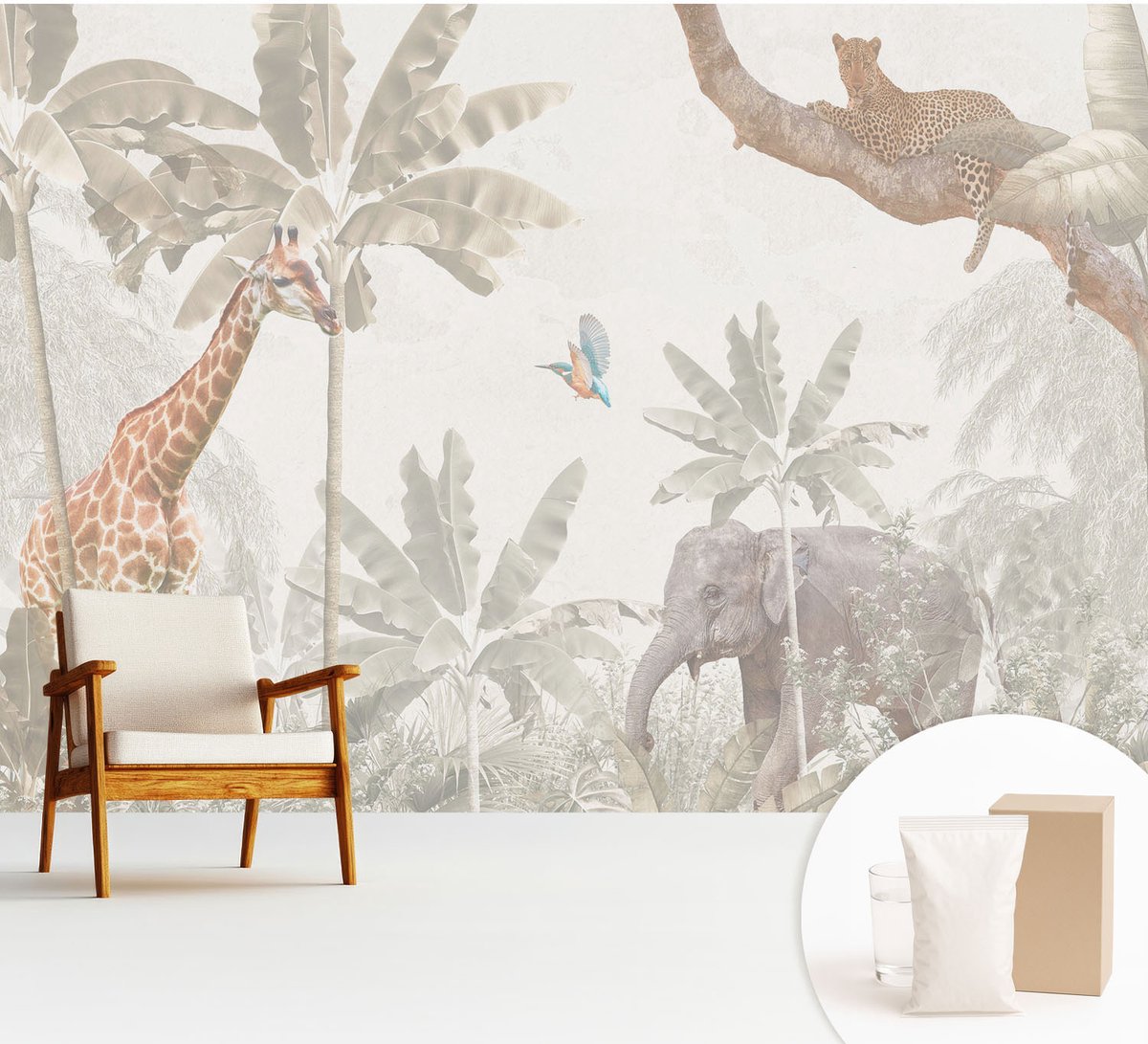 Wallfluent Fotobehang - Wit Vliesbehang - 312x219 cm - Tropische Oase Fotobehang Vlies - Woonkamer behang Dieren - Muurschildering - Hal behang