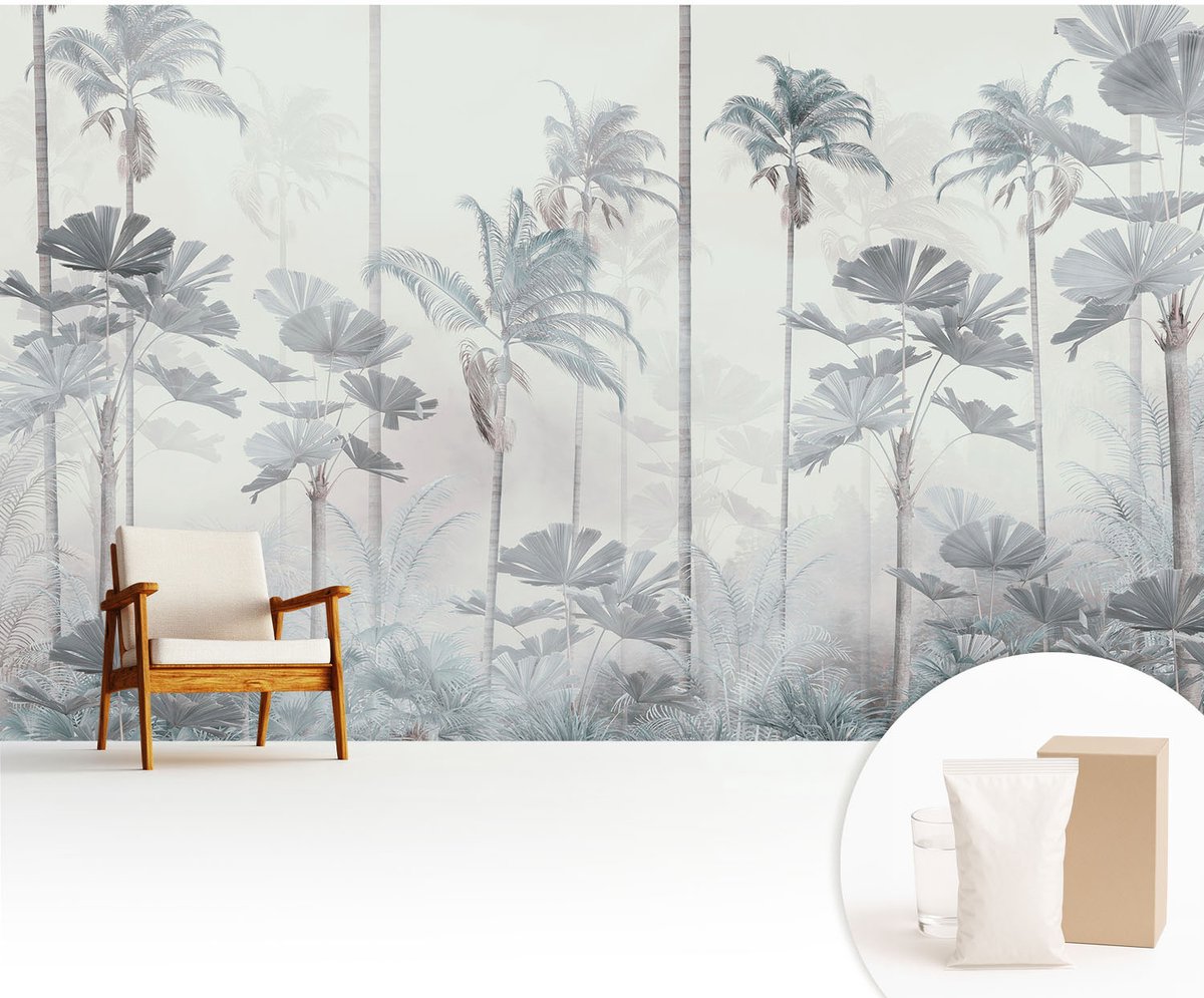 Wallfluent Fotobehang - Wit Vliesbehang - 416x254 cm - Tropisch Landschap Fotobehang Vlies - Hal behang Bloemen En Planten - Muurschildering - Hal behang