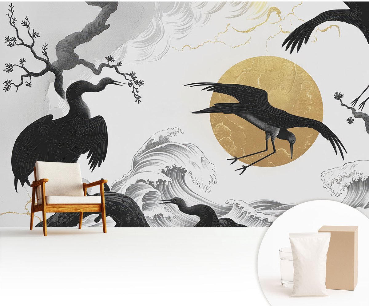 Wallfluent Fotobehang - Zwart-Wit Vliesbehang - 416x254 cm - Zwarte Kraanvogels Fotobehang Vlies - Woonkamer behang Deel - Muurschildering - Woonkamer behang