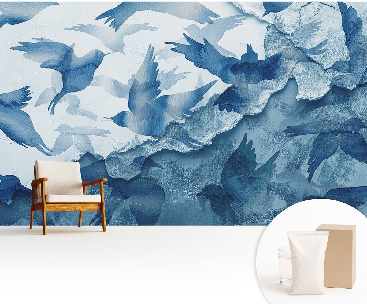 Wallfluent Fotobehang - Blauw Vliesbehang - 416x254 cm - Dynamische Vogels Muurschildering - Slaapkamer behang Dieren - Fotobehang Vlies - Gang behang