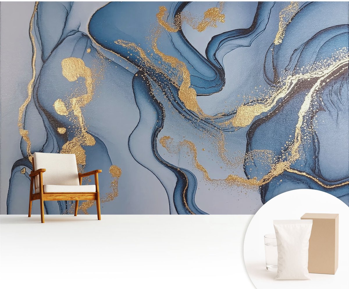Wallfluent Fotobehang - Blauw Vliesbehang - 416x254 cm - Blauwe Golven Muurschildering - Gang behang Abstractie - Fotobehang Vlies - Slaapkamer behang