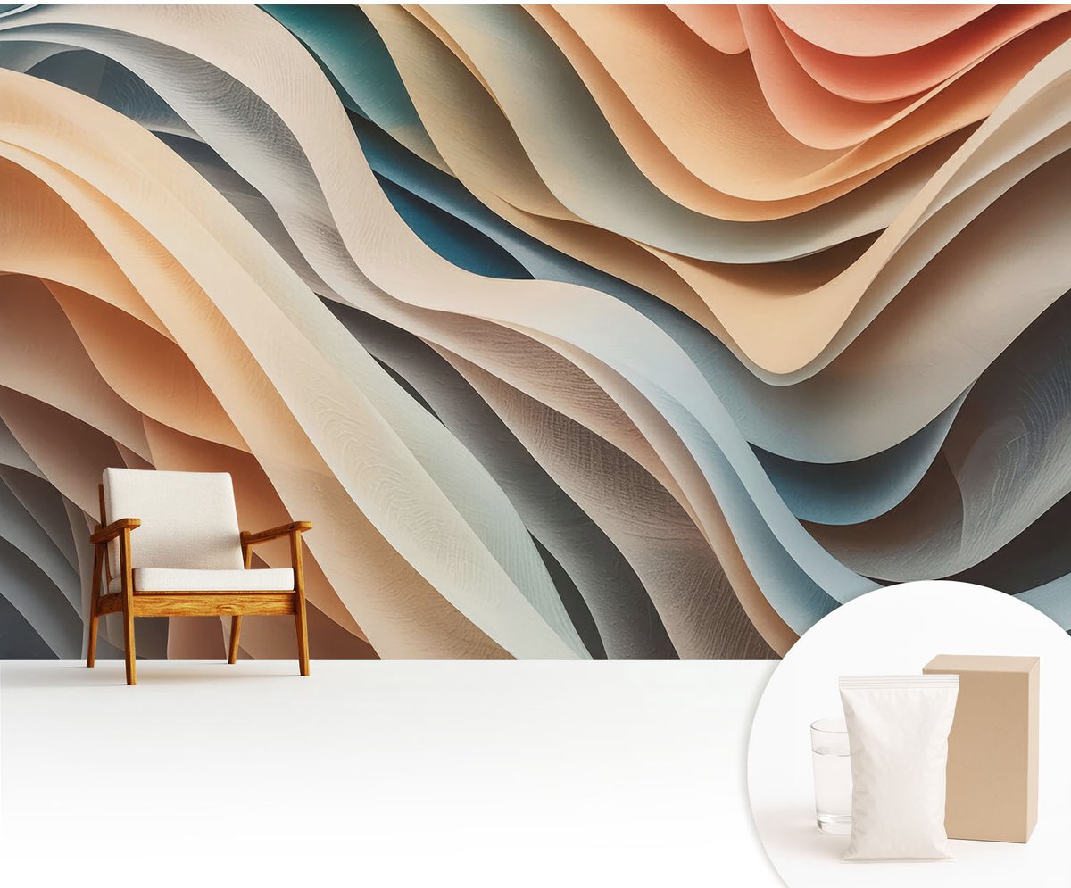 Wallfluent Fotobehang - Beige Vliesbehang - 416x254 cm - Golvende Vormen Fotobehang Vlies - Hal behang Abstractie - Muurschildering - Woonkamer behang