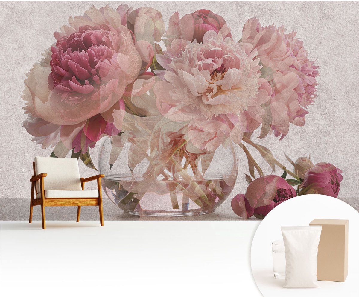 Wallfluent Fotobehang - Roze Vliesbehang - 416x254 cm - Pioenroos Charme Fotobehang Vlies - Woonkamer behang Bloemen En Planten - Muurschildering - Woonkamer behang