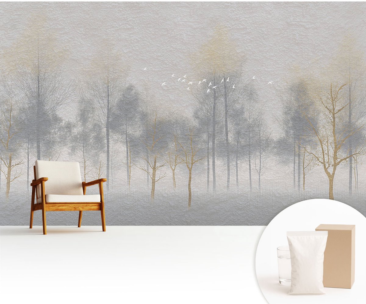 Wallfluent Fotobehang - Grijs Vliesbehang - 416x254 cm - Bosharmonie Muurschildering - Slaapkamer behang Landschappen - Fotobehang Vlies - Slaapkamer behang