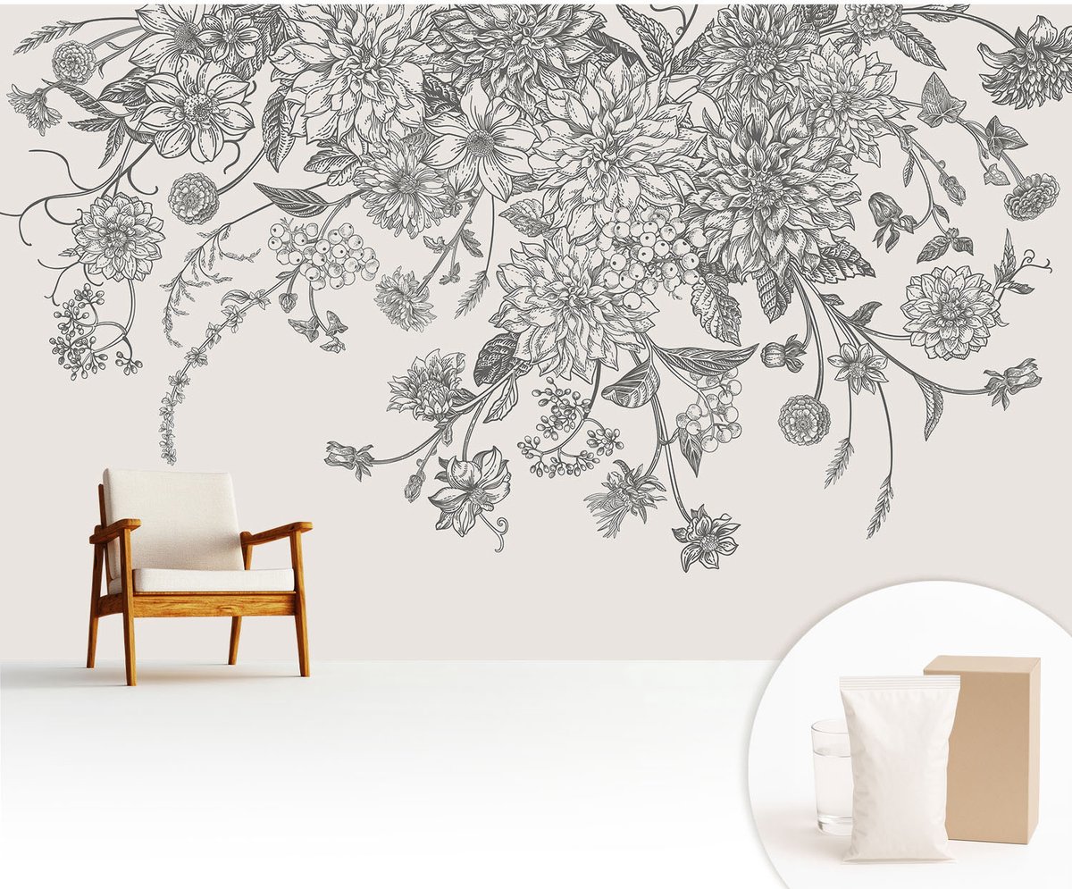 Wallfluent Fotobehang - Wit Vliesbehang - 416x254 cm - Bloemenpatroon Fotobehang Vlies - Woonkamer behang Bloemen En Planten - Muurschildering - Woonkamer behang
