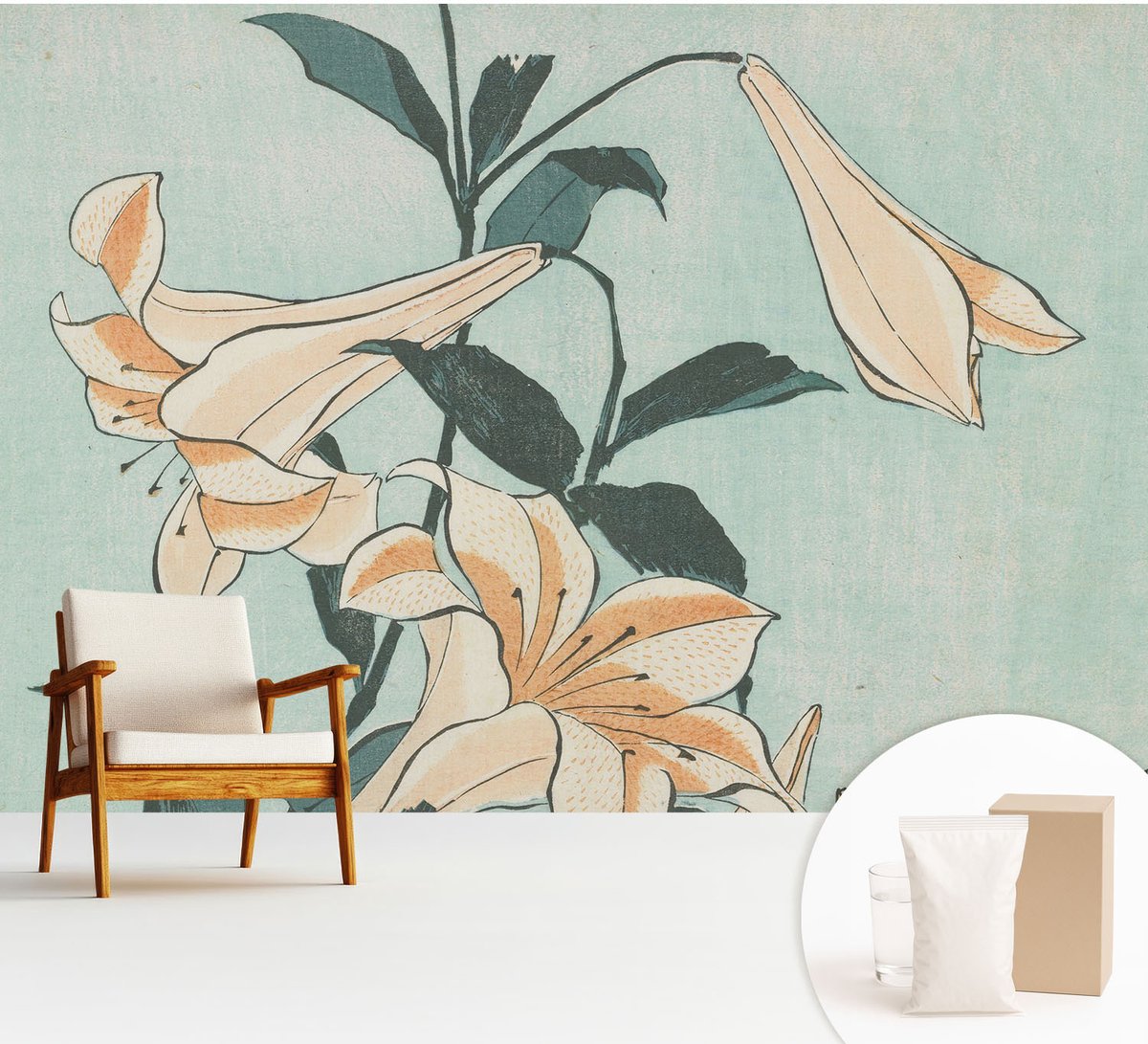 Wallfluent Fotobehang - Zwart Vliesbehang - 312x219 cm - Delicate Lelies Fotobehang Vlies - Woonkamer behang Bloemen En Planten - Muurschildering - Woonkamer behang