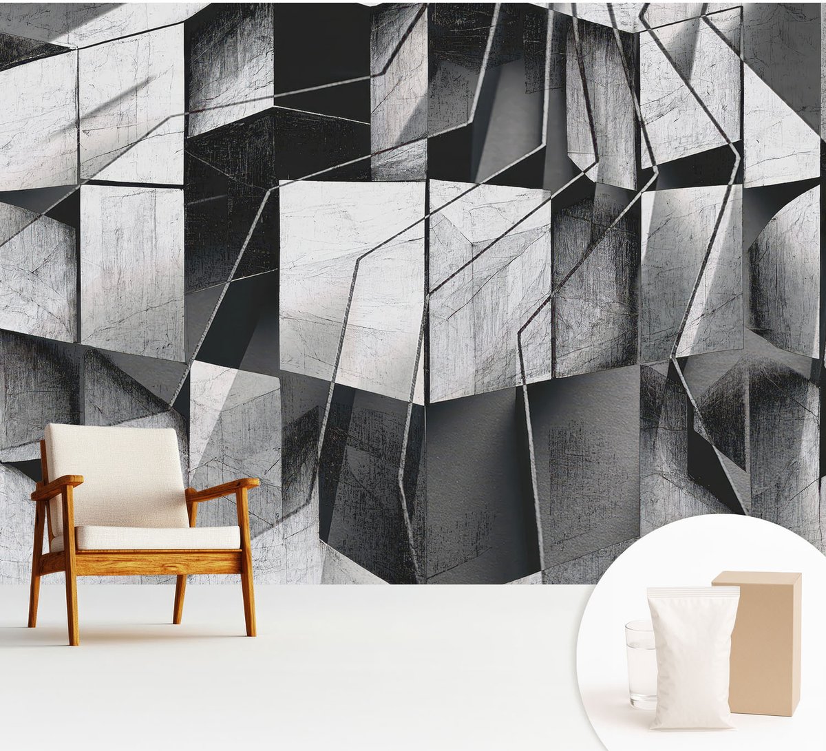 Wallfluent Fotobehang - Zwart-Wit Vliesbehang - 312x219 cm - Geometrische Abstractie Fotobehang Vlies - Woonkamer behang Geometrie - Muurschildering - Woonkamer behang