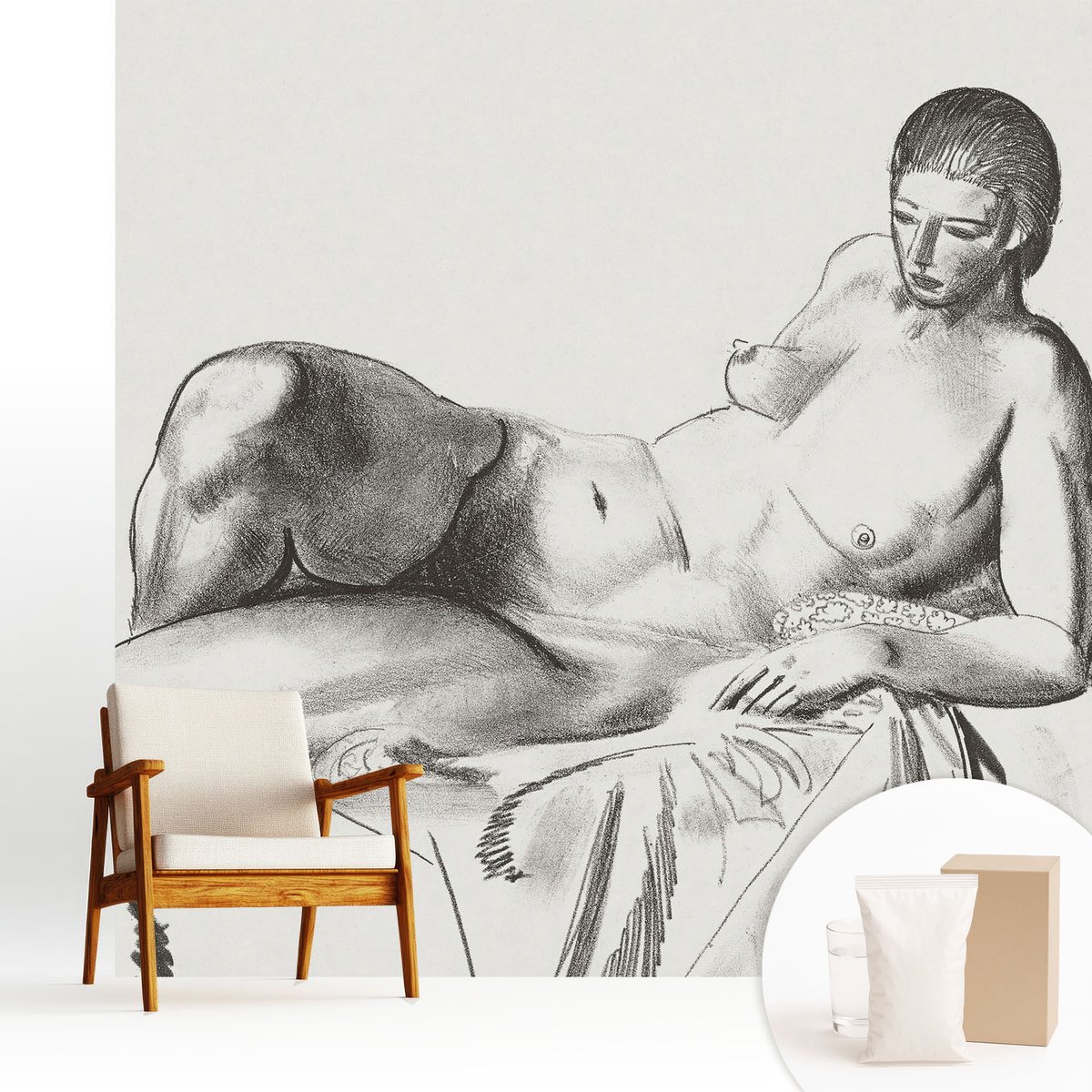 Wallfluent Fotobehang - Wit Vliesbehang - 250x250 cm - Artistiek Naakt Fotobehang Vlies - Hal behang Deel - Muurschildering - Woonkamer behang
