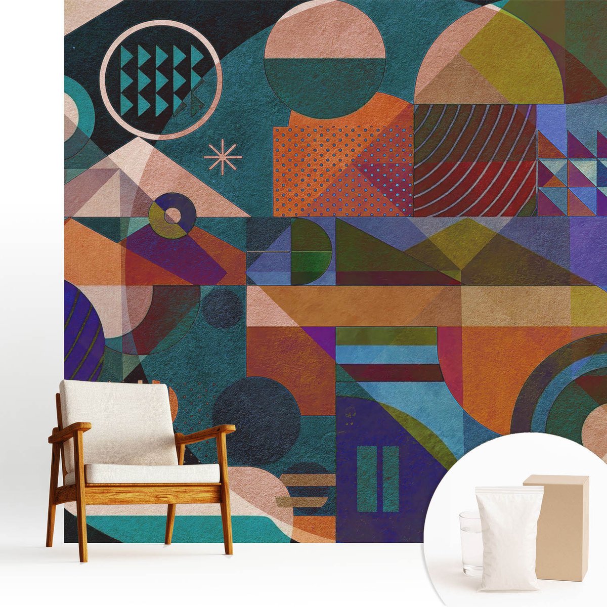 Wallfluent Fotobehang - Groente Vliesbehang - 250x250 cm - Geometrische Kunst Fotobehang Vlies - Hal behang Abstractie - Muurschildering - Woonkamer behang