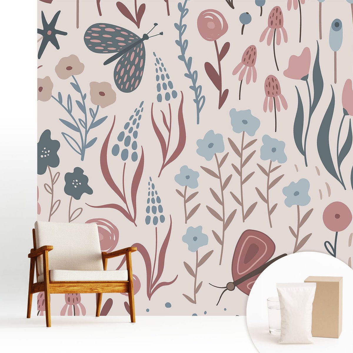 Wallfluent Fotobehang - Roze Vliesbehang - 250x250 cm - Bloemen En Insecten Fotobehang Vlies - Woonkamer behang Bloemen En Planten - Muurschildering - Woonkamer behang