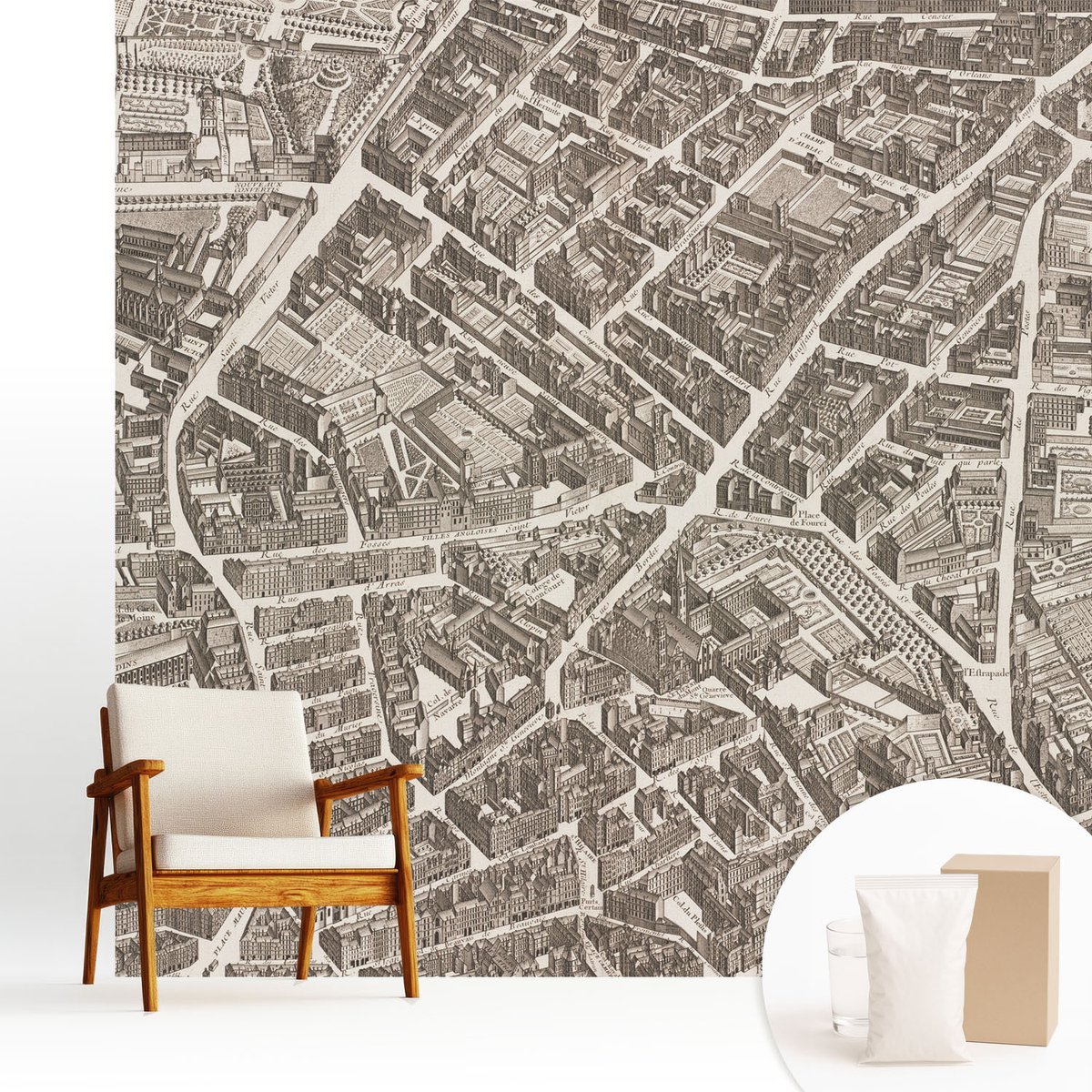 Wallfluent Fotobehang - Bruin Vliesbehang - 250x250 cm - Stedelijk Doolhof Fotobehang Vlies - Hal behang Kaarten - Muurschildering - Woonkamer behang