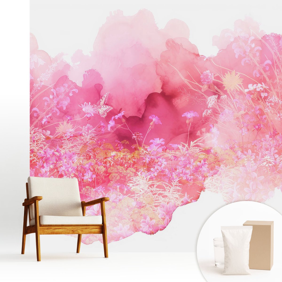 Wallfluent Fotobehang - Roze Vliesbehang - 250x250 cm - Bloemenpatroon Fotobehang Vlies - Woonkamer behang Bloemen En Planten - Muurschildering - Hal behang
