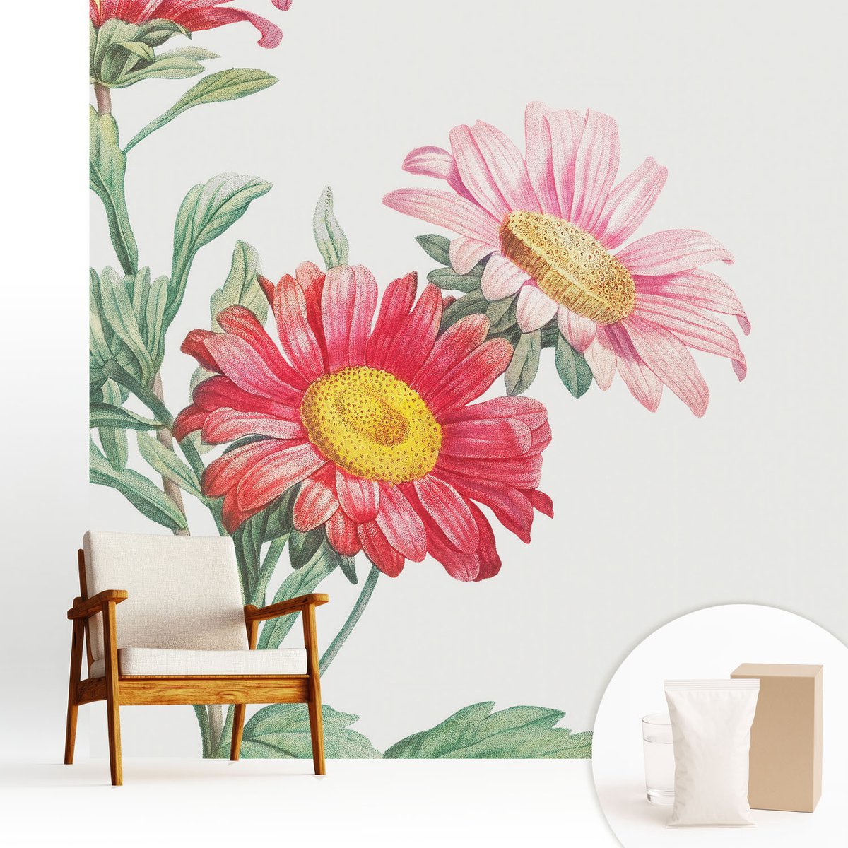 Wallfluent Fotobehang - Rood Vliesbehang - 250x250 cm - Tere Bloemen Fotobehang Vlies - Woonkamer behang Bloemen En Planten - Muurschildering - Woonkamer behang