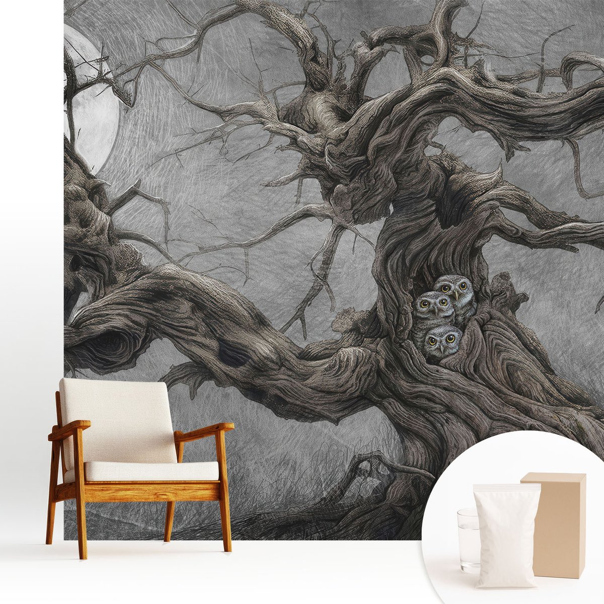 Wallfluent Fotobehang - Grijs Vliesbehang - 250x250 cm - Mysterieuze Uil Fotobehang Vlies - Hal behang Dieren - Muurschildering - Woonkamer behang