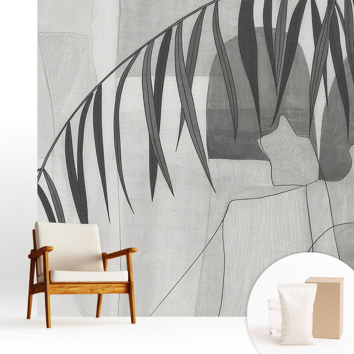 Wallfluent Fotobehang - Wit Vliesbehang - 250x250 cm - Abstracte Palmboom Fotobehang Vlies - Hal behang Abstractie - Muurschildering - Hal behang