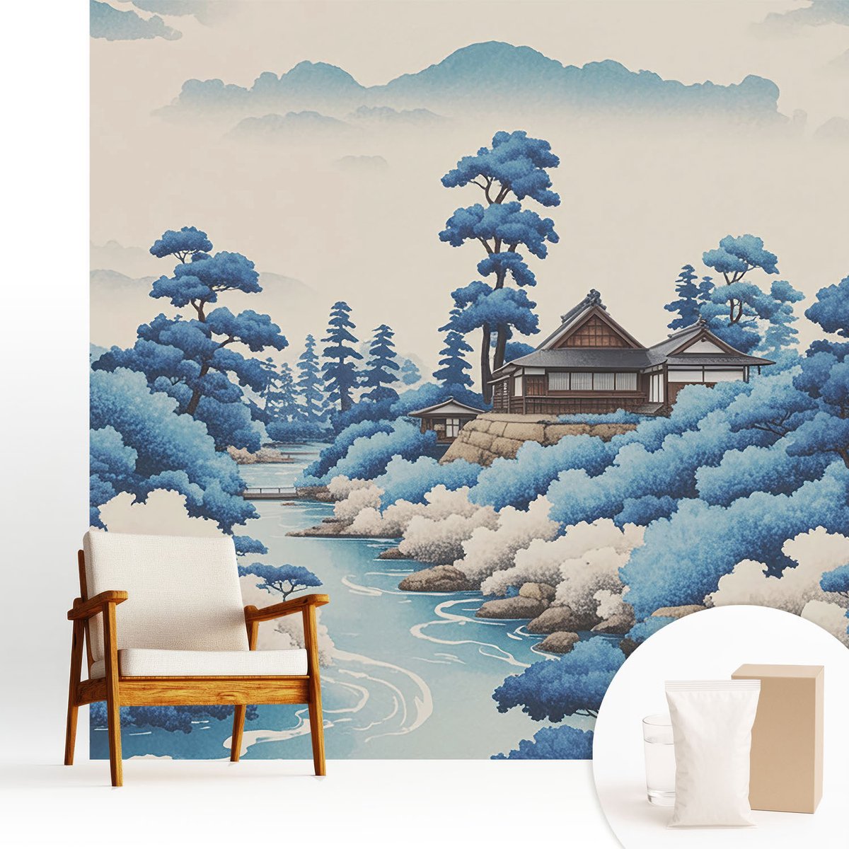 Wallfluent Fotobehang - Blauw Vliesbehang - 250x250 cm - Vredige Natuur Fotobehang Vlies - Woonkamer behang Landschappen - Muurschildering - Hal behang