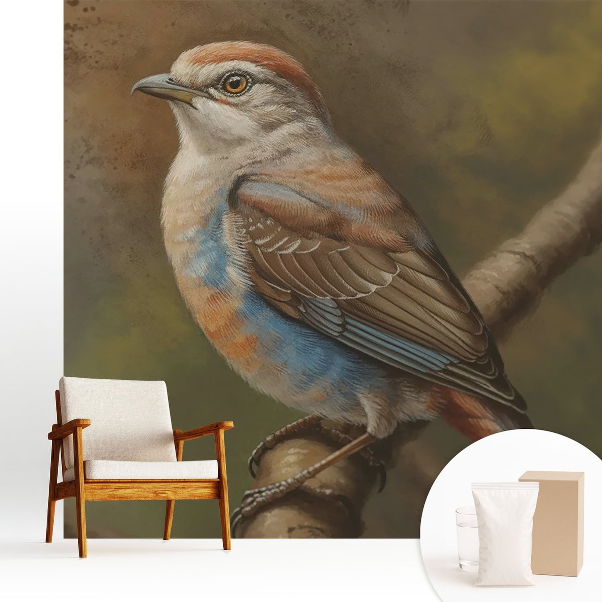 Wallfluent Fotobehang - Wit Vliesbehang - 250x250 cm - Vogelportret Fotobehang Vlies - Woonkamer behang Dieren - Muurschildering - Woonkamer behang