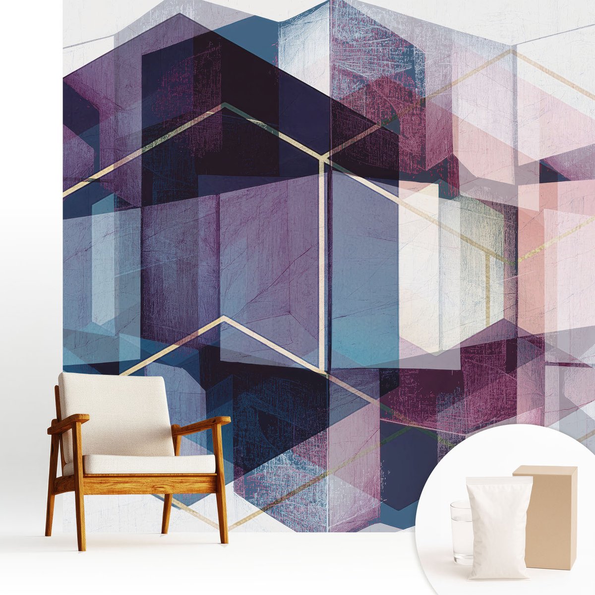 Wallfluent Fotobehang - Marine Vliesbehang - 250x250 cm - Geometrische Kubussen Fotobehang Vlies - Woonkamer behang Abstractie - Muurschildering - Woonkamer behang