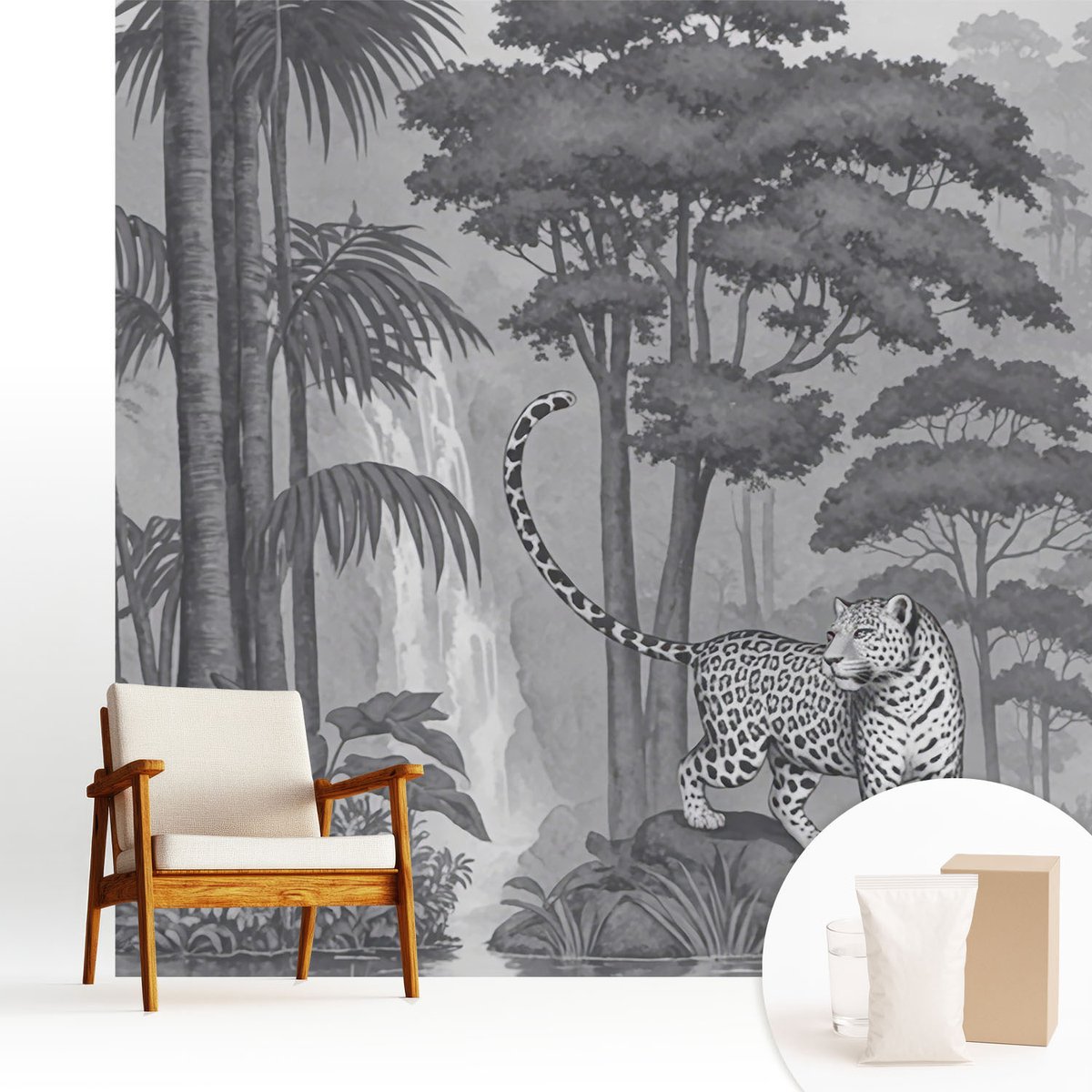 Wallfluent Fotobehang - Grijs Vliesbehang - 250x250 cm - Tropische Jungle Fotobehang Vlies - Hal behang Dieren - Muurschildering - Woonkamer behang