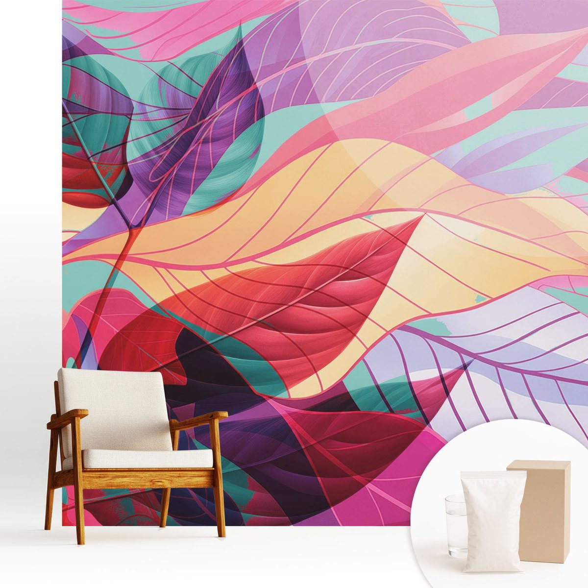 Wallfluent Fotobehang - Zwart Vliesbehang - 250x250 cm - Abstracte Bladeren Fotobehang Vlies - Hal behang Bloemversiering - Muurschildering - Hal behang