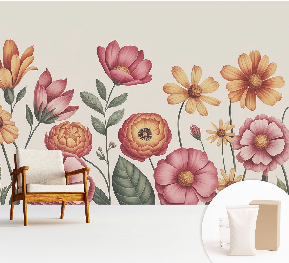 Wallfluent Fotobehang - Roze Vliesbehang - 312x219 cm - Bloemarrangement Fotobehang Vlies - Woonkamer behang Bloemen En Planten - Muurschildering - Woonkamer behang